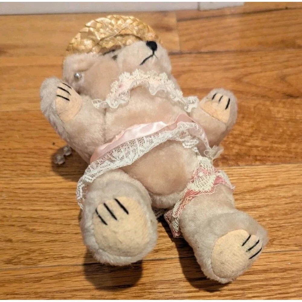Vintage Plush Jointed Country Bear Straw Hat Lace Pearls 9